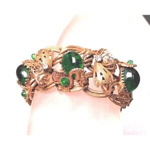 Vintage Selro Dragon Bracelet Green Glass Cabochons Rhinestones Asian Revival